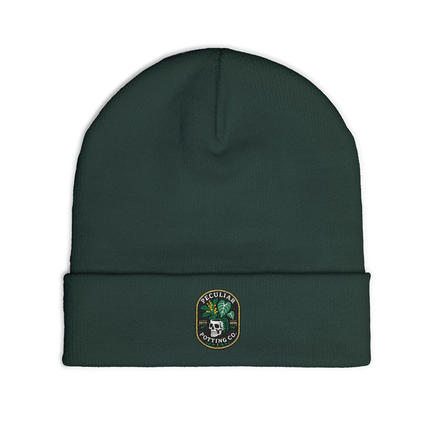Embroidered Skull & Monstera Knit Beanie — Embroidered