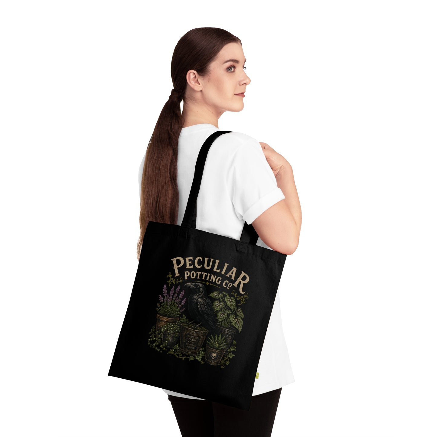 Tote Bag — "Peculiar Potting Co." Raven & Potted Plants Organic Cotton Tote