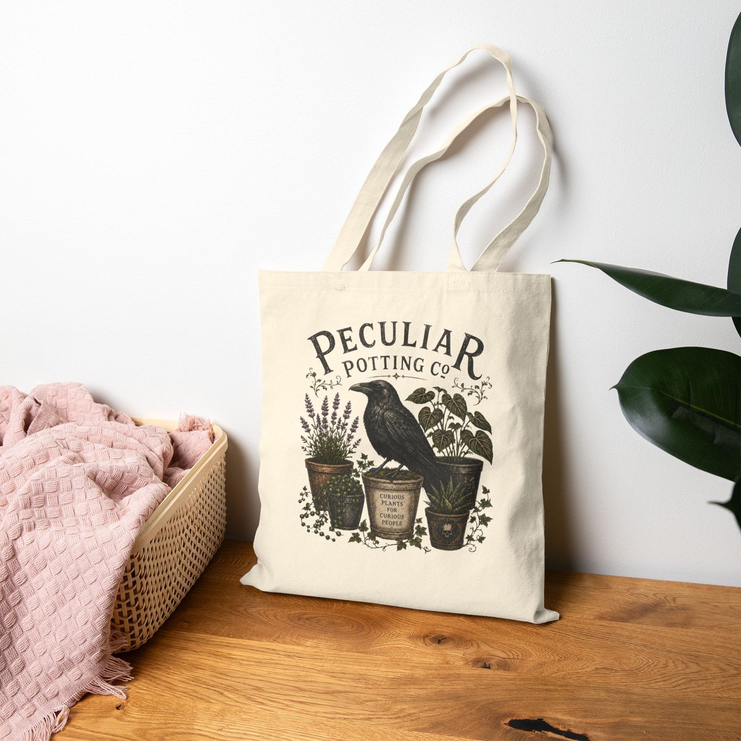 Tote Bag — "Peculiar Potting Co." Crow & Potted Plants Canvas Tote