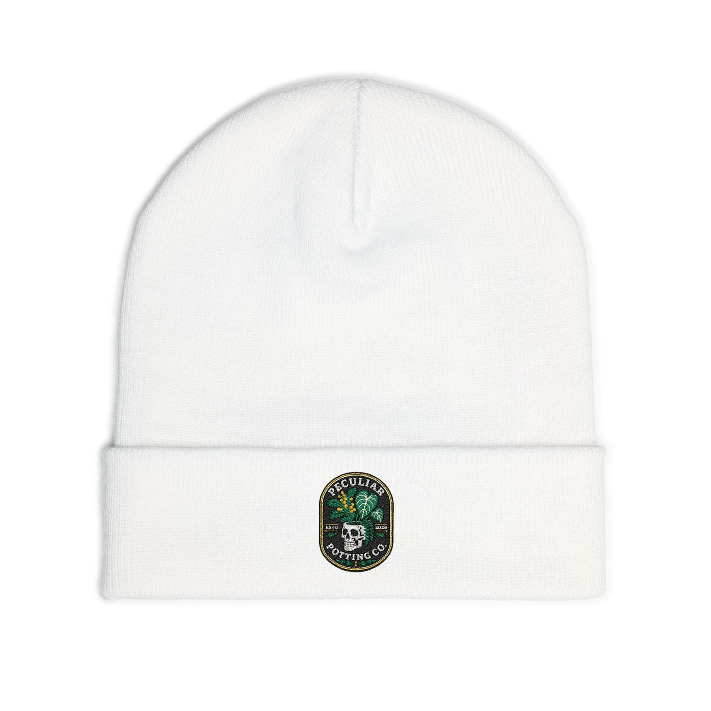 Embroidered Skull & Monstera Knit Beanie — Embroidered