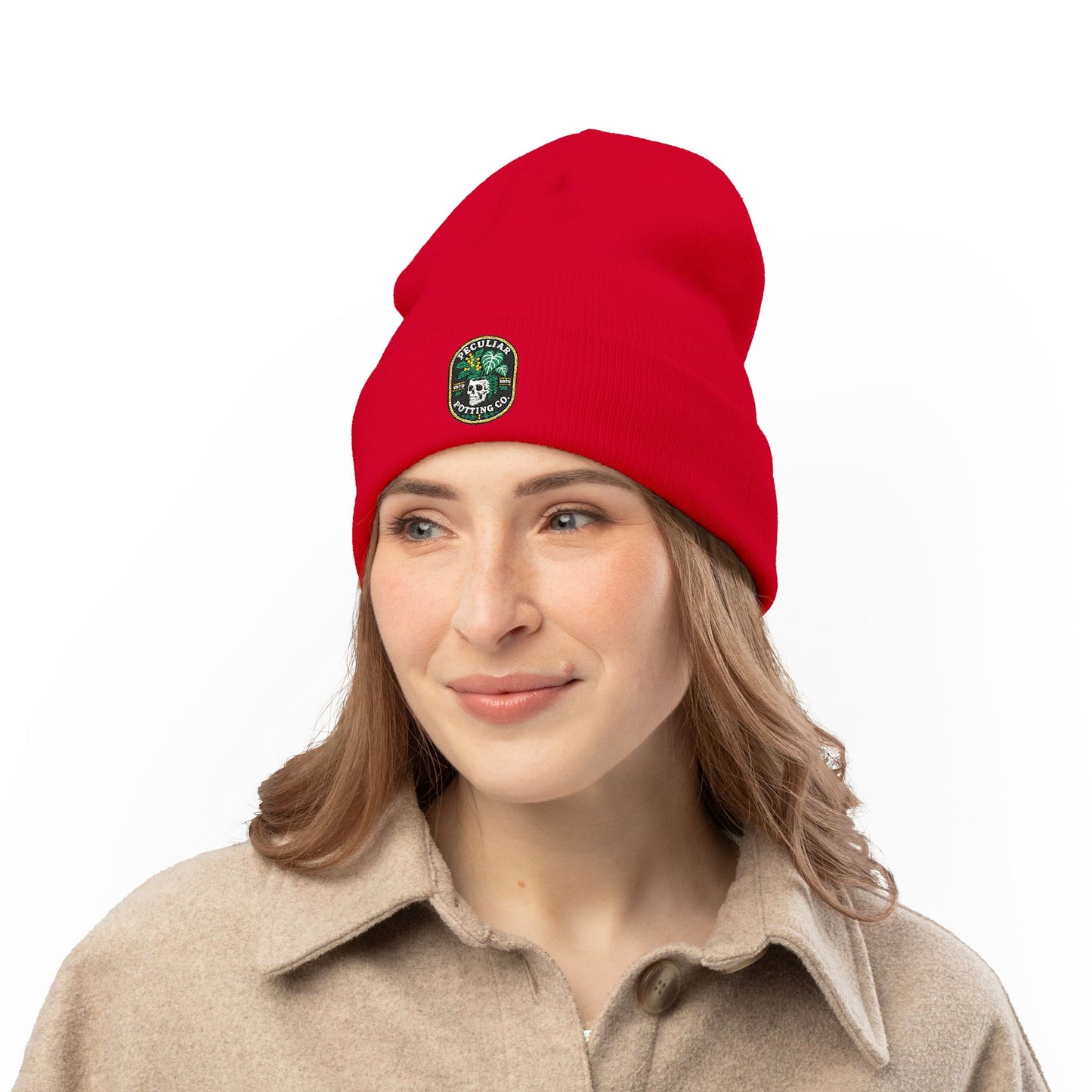 Embroidered Skull & Monstera Knit Beanie — Embroidered