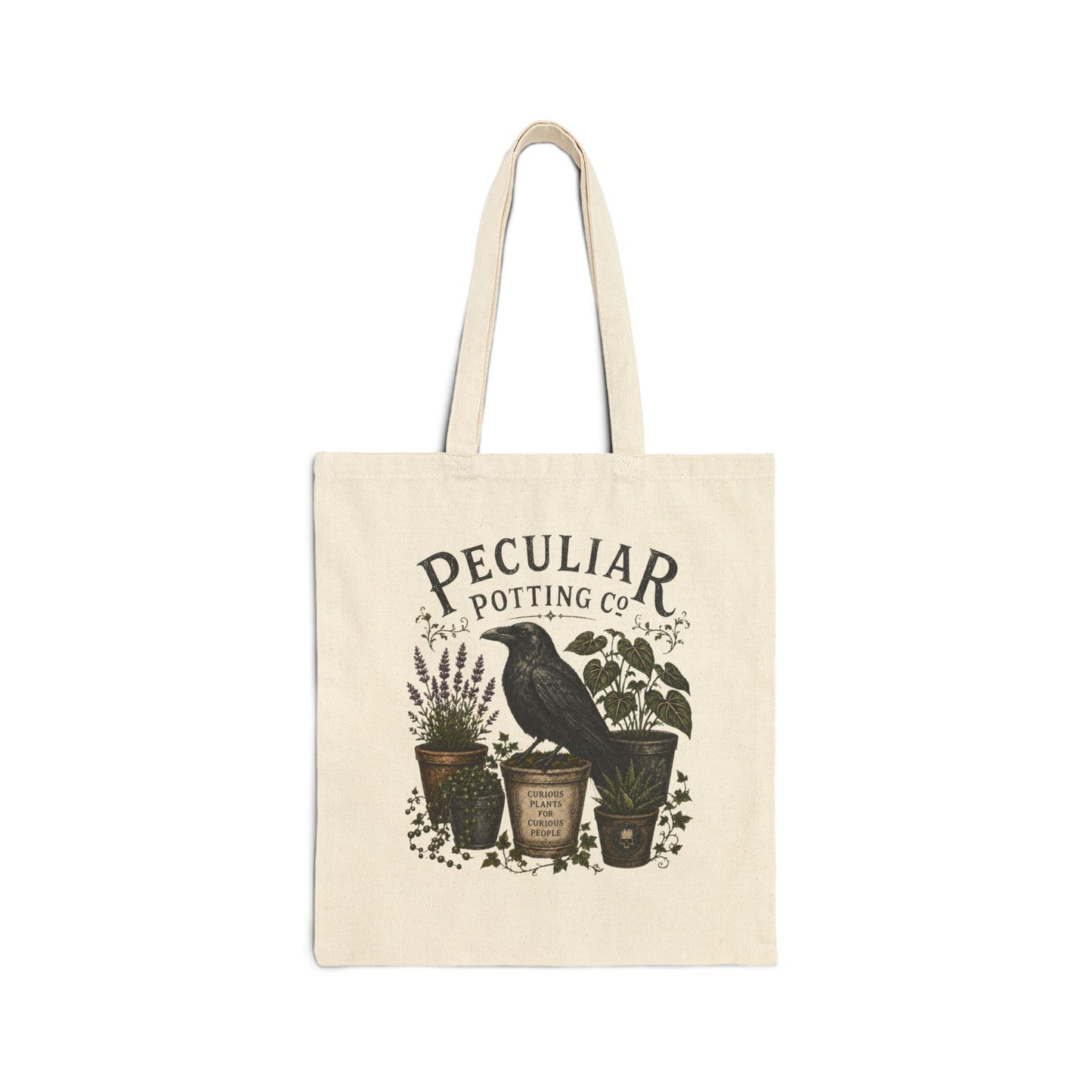 Tote Bag — "Peculiar Potting Co." Crow & Potted Plants Canvas Tote