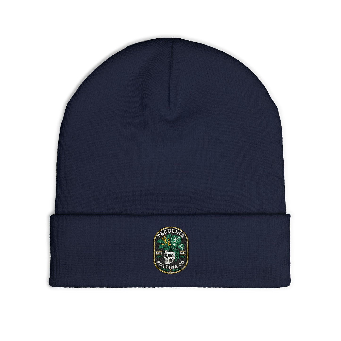 Embroidered Skull & Monstera Knit Beanie — Embroidered