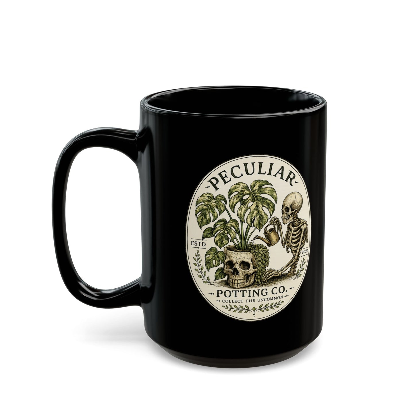 Collect the Uncommon Black Mug – Monstera Skeleton Coffee Cup (11oz, 15oz)