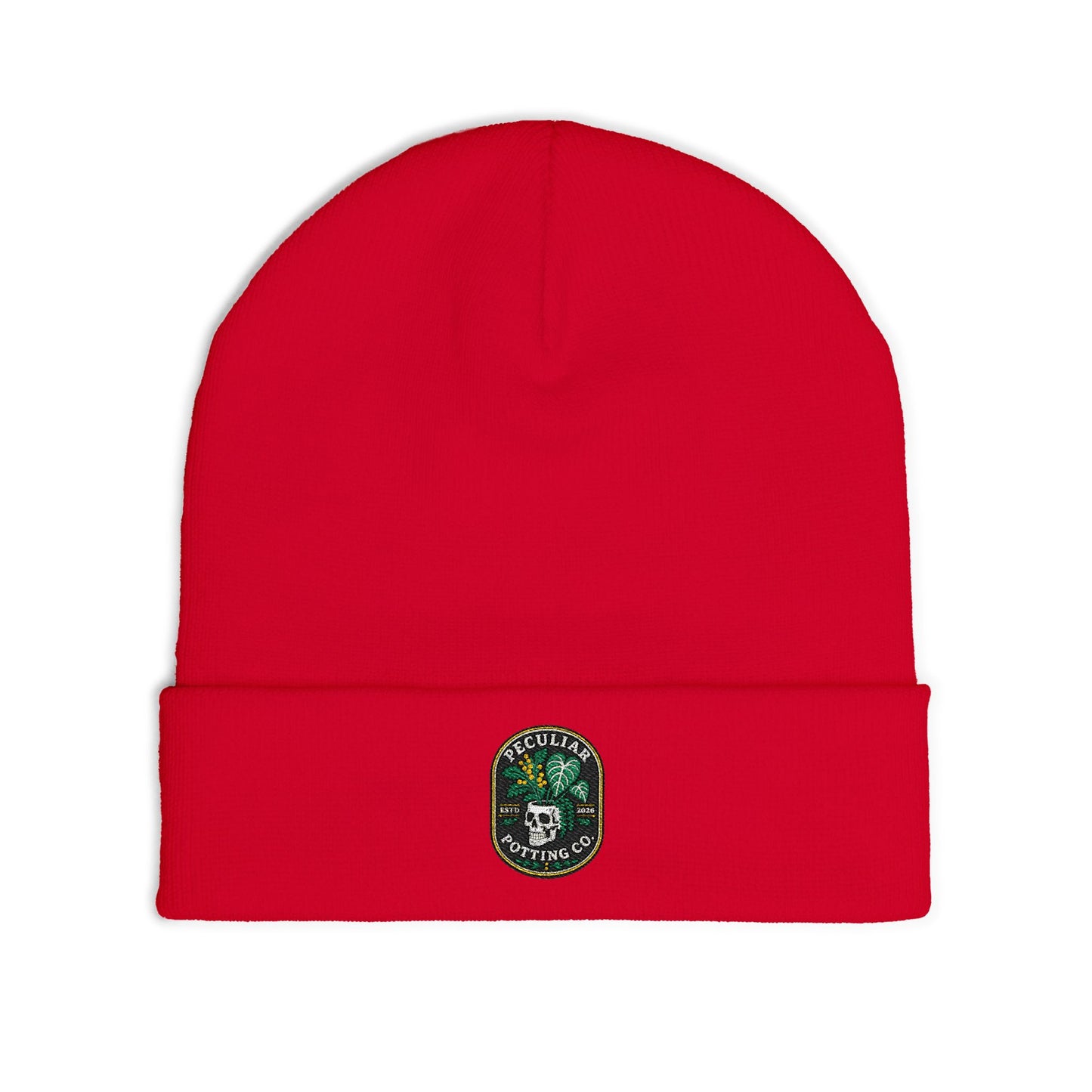 Embroidered Skull & Monstera Knit Beanie — Embroidered