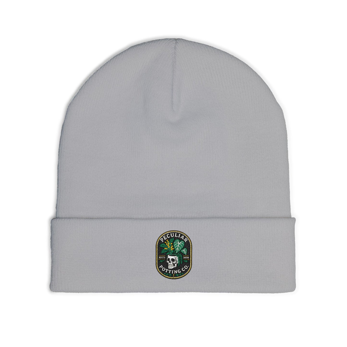 Embroidered Skull & Monstera Knit Beanie — Embroidered