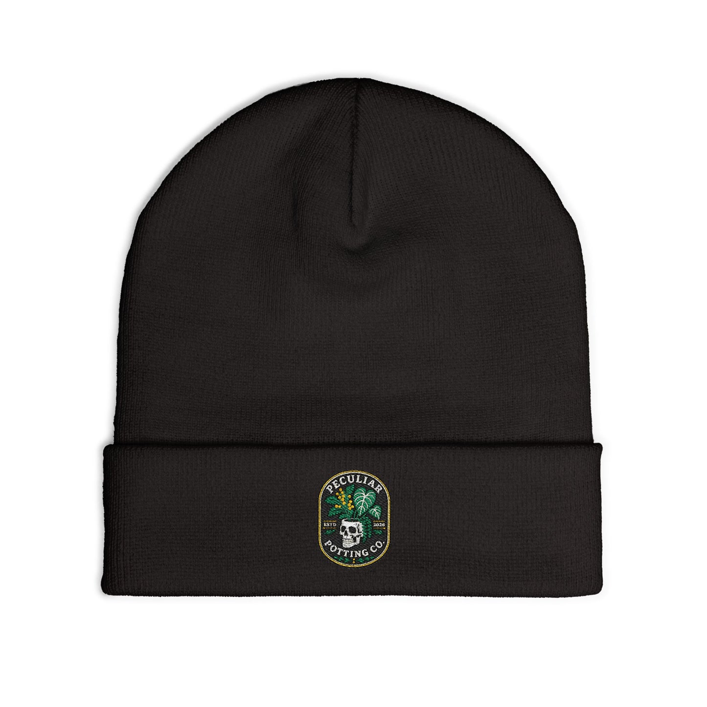 Embroidered Skull & Monstera Knit Beanie — Embroidered