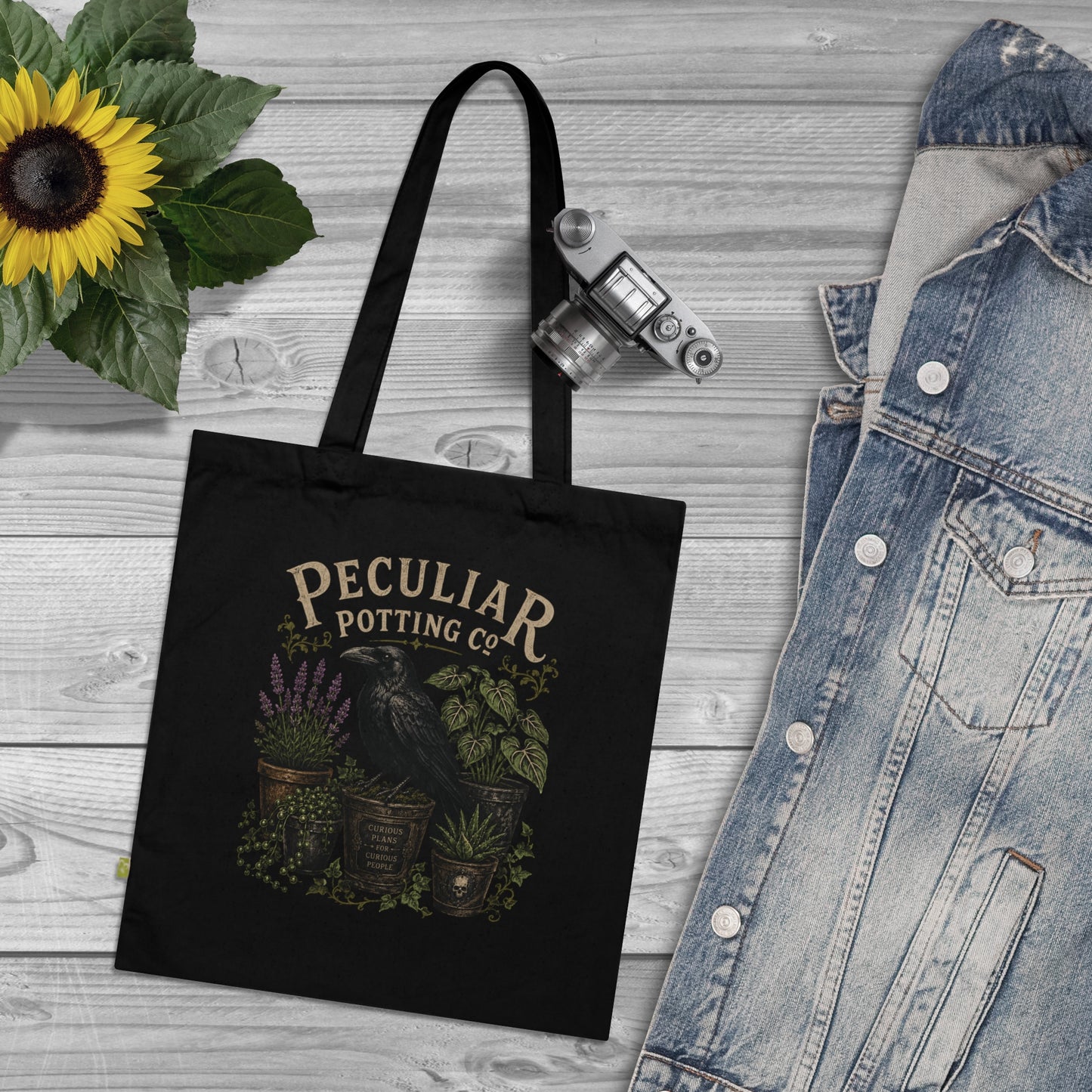 Tote Bag — "Peculiar Potting Co." Raven & Potted Plants Organic Cotton Tote