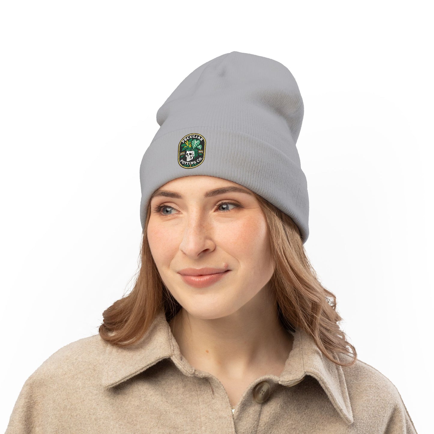 Embroidered Skull & Monstera Knit Beanie — Embroidered