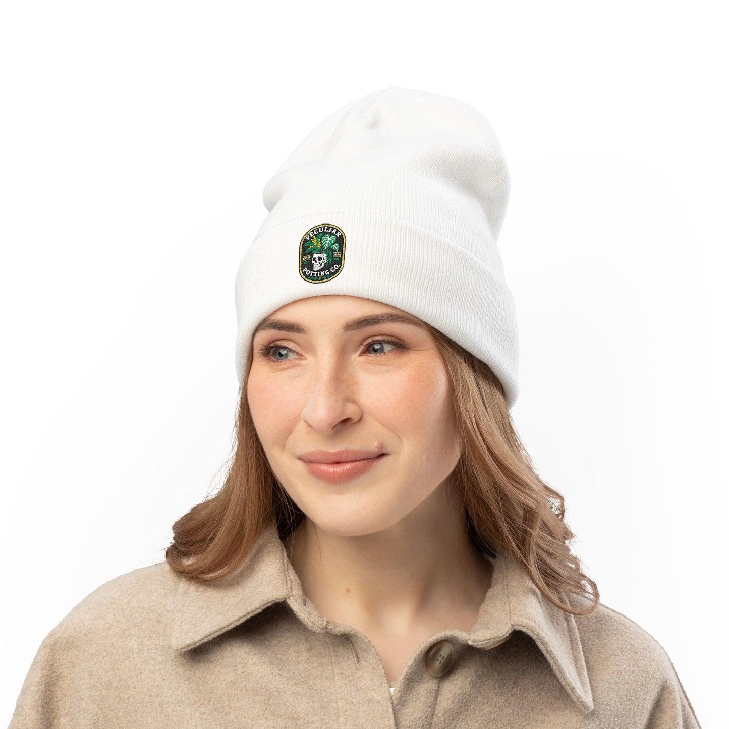 Embroidered Skull & Monstera Knit Beanie — Embroidered