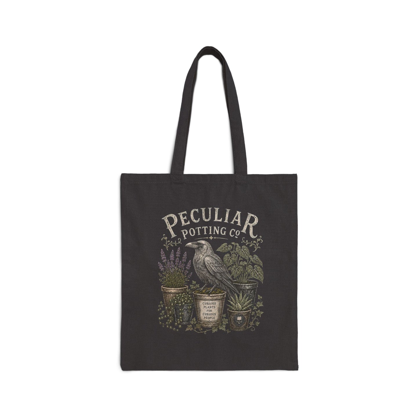 Tote Bag — "Peculiar Potting Co." Crow & Potted Plants Canvas Tote