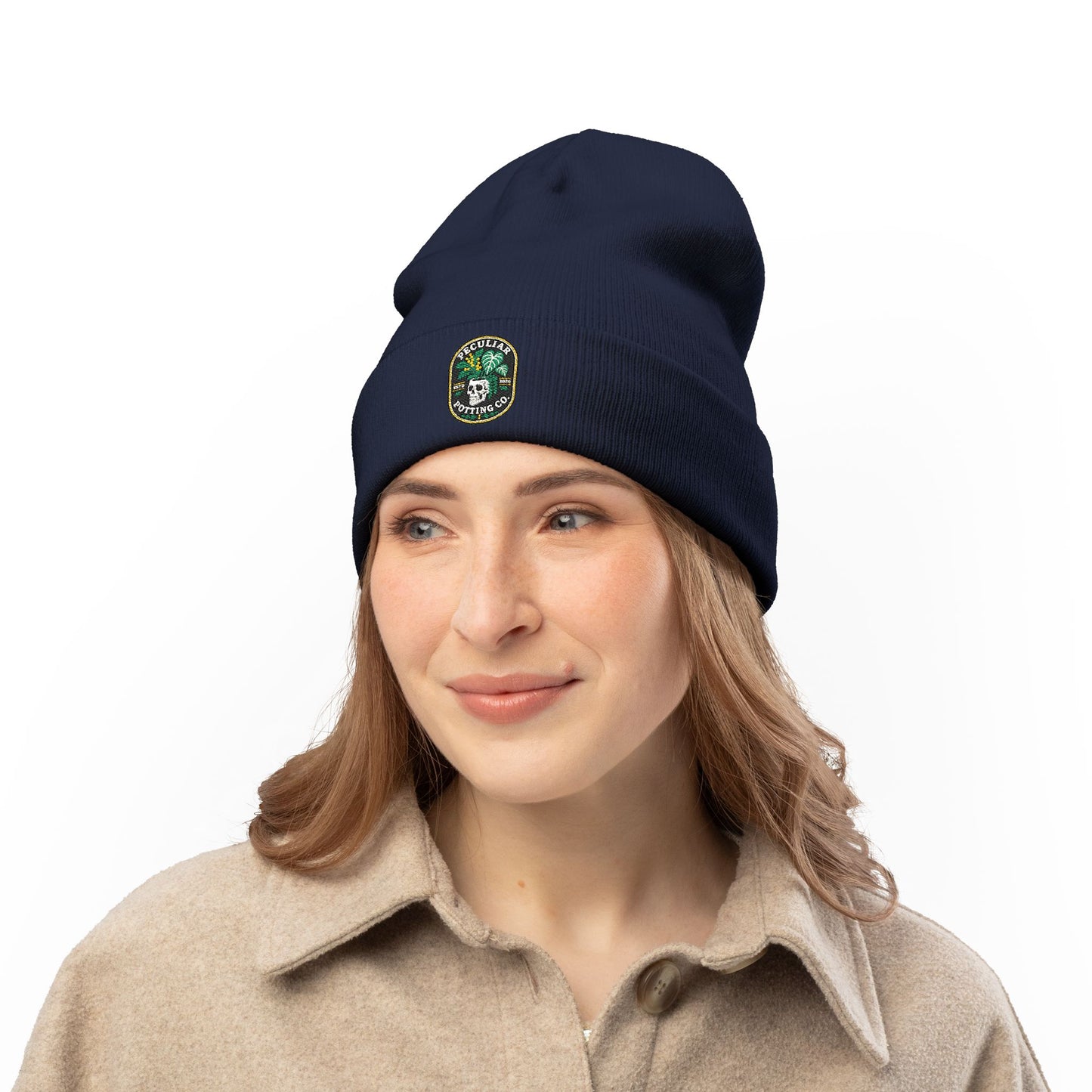 Embroidered Skull & Monstera Knit Beanie — Embroidered