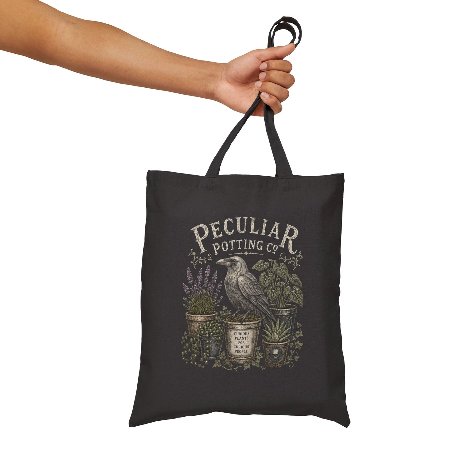 Tote Bag — "Peculiar Potting Co." Crow & Potted Plants Canvas Tote