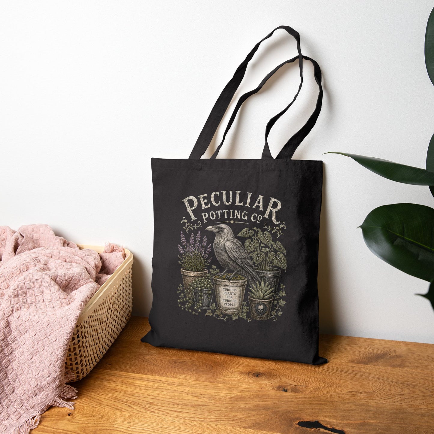 Tote Bag — "Peculiar Potting Co." Crow & Potted Plants Canvas Tote