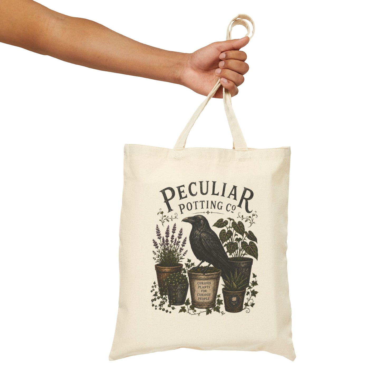 Tote Bag — "Peculiar Potting Co." Crow & Potted Plants Canvas Tote